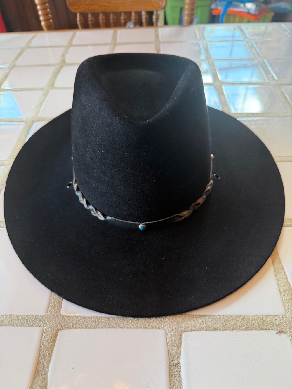 Stetson Billy the Kid Black Cowboy Hat Braided Leather Band Turquoise Steamboat